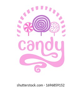Vector image of sweets and candies in violet-pink color on a white background. Logo of sweets shop, candy shop, candy bar for children.