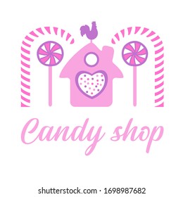 Vector image of sweets and candies in violet-pink color on a white background. Logo of sweets shop, candy shop, candy bar for children.
