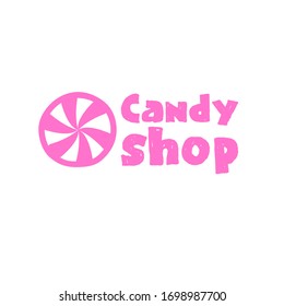 Imagen vectorial de caramelos y caramelos de color rosa violeta sobre fondo blanco. Logo de la tienda de dulces, dulces, dulces bar para niños.