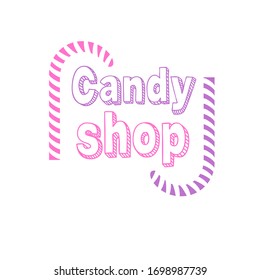 Vector image of sweets and candies in violet-pink color on a white background. Logo of sweets shop, candy shop, candy bar for children.