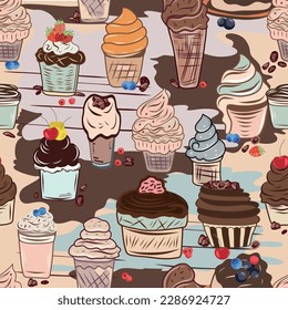 Vector image of sweets: cupcakes, cakes, ice cream, sweets, berries, strawberries, cherries.
Childish, cute, hand-drawn image
Image can be used for designer wallpapers, for textile, packaging, printin