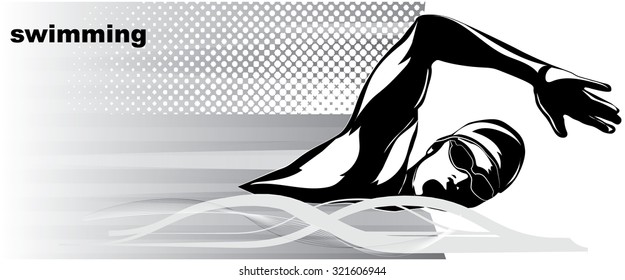 Vector image of a swimmer.It is drawn in the style of engraving.