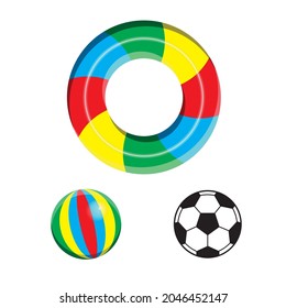 vector image of a swimming buoy and a swimming ball side by side with a soccer ball. colors can be edited. use for illustration