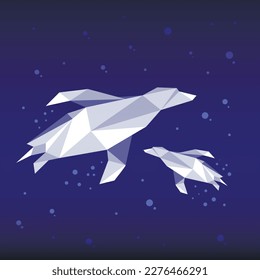 Vektorbild von Schwimmpinguinen unter Wasser im polygonalen geometrischen Stil. Kann als Druck, Aufkleber, Illustration usw. verwendet werden.