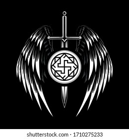 Vector Image Of A Sword With Wings. Image With A Symbol Of The Valkyrie. Black And White Image On A Black Background.