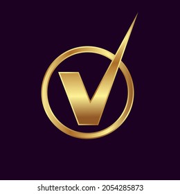 vector image of a symbol of approval in the form of the letter v in gold tones and the form of a logo on a dark background for prints on cards, business cards, banners and interior design