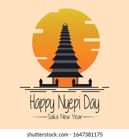 Vector image of symbol hindu temples on sunset, isolated on pink background, seclusion day, saka new year, Nyepi day