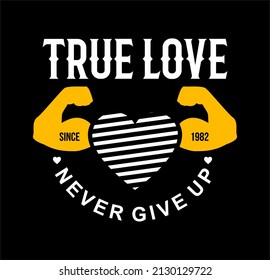 Vector image of the symbol of love and hand with the words "true love" in white and yellow on a black background