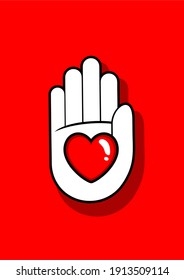 Vector image of the symbol of love on white palms on a red background to welcome Valentine's Day
