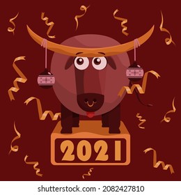 Vektorbild des Symbols des Neujahrs 2021 - der Bull. Grußribons, Gold
