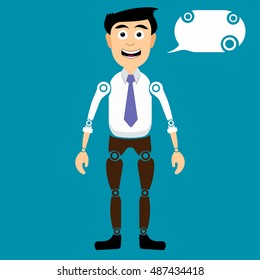 Vector image of symbol of office worker dressed in a business suit. On a blue background. Business. Standing there, smiling. With a beard. On hinges. Robot. Puppet. The modern style of the apartment.