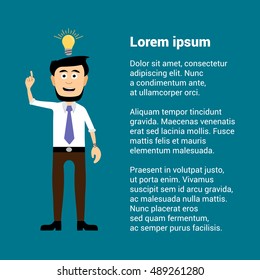Vector image of symbol of office worker dressed in a business suit. On a blue background. Stood and smiled. With a beard. Style modern flat. Head over to the bulb. The idea, the thought. With text. 