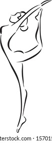 Vector image of symbolic ballerina standing on tiptoe on one leg. Concept slenderness, grace, ballet. Monochrome image./ Ballet and slenderness