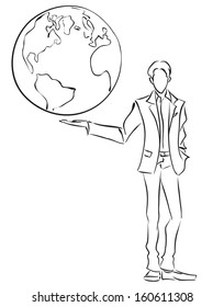 Vector image of symbolic businessman holding the globe on own hand, Business concept. Global communication, world management/Businessman and globe 