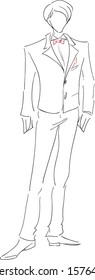 The vector image with the symbolical bridegroom in light suit.Theme - wedding, groom.  Black and red color/Groom sketch 