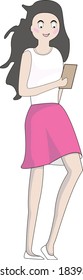 Imagen vectorial de una chica simpática con el pelo largo en una falda y con un teléfono