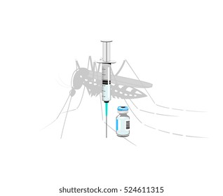 Vector image of a syringe and bottle with a mosquito in the background