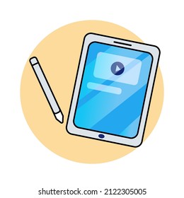 vector image of a tablet in blue with a stylus.