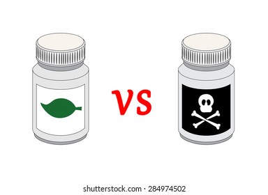 Vector image of tablet bottles representing natural and traditional medicine with a versus sign in between them