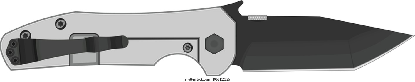 Vector image of tactical folding knife. Frame lock side.
Wave. Tanto.