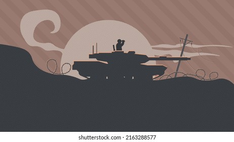 Vector image of a tank silhouette. Main battle tank. Setting sun.