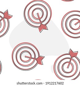 Vector image of a target pierced by an arrow, a dart cartoon style on seamless pattern on a white background.