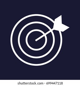 Vector image of a target pierced by an arrow, a dart.  White vector icon on dark blue background.