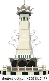 Vector image of Tasikmalaya Simpang Lima Monument, old tower, vintage illustration.