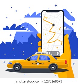 vector image of a taxi car with a map of the city on the smartphone holding in hand, the silhouette of buildings in the background