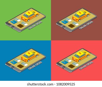 The vector image of a taxi in isometric with text. 3D image of the tablet. Credit card and wallet image on the device screen with buttons. Set of 4 images with different backgrounds.