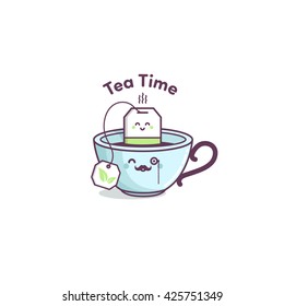 Vector image of a tea bag in the cup with hot water