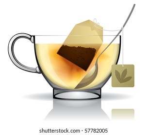 Vector image of a tea bag in the cup with hot water