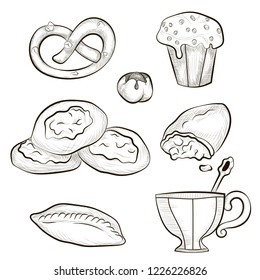 Vector image. Tea time. A set of hand drawn elements for a tea party. Mug and pastries.
