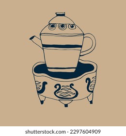 Imagen vectorial de una tetera para la ceremonia del té chino y japonés. Azul en beige. Té tradicional. Dibujo a mano, esbozo, garabato, minimalismo. Eps10