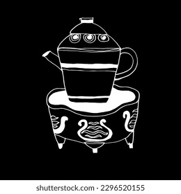 Vector image of a teapot for an oriental tea ceremony. White on black. China, Japan. Tea culture. Hand drawing, sketch, doodle, minimalism. Eps10