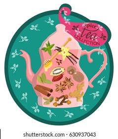 Vector image of a teapot and tea with spicy additions of nutmeg, anise and cardamom, mint and honey, cinnamon, vanilla and cloves on a colored background.