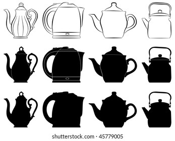 The vector image of teapots as silhouettes and contours.