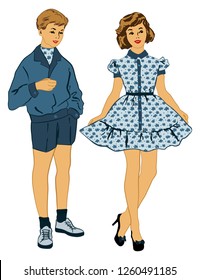 vector image - teenagers in retro vintage clothes style 60s