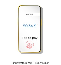 Vector image of a telephone. On the phone screen, the image of the last step of the mobile payment. App of online payment, mobile banking and user verification. Payment without contact