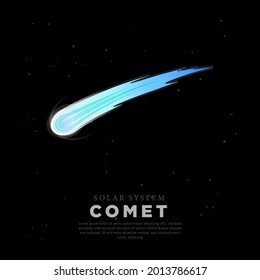 Vector image template of a comet ball with a flaming tail passing through space on a dark sky background, outer space, with stars