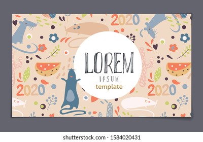 Vector image of a template for a greeting card with a place for text around which mice, rats, flowers, twigs, numbers 2020, cheese and various circles in the Scandinavian style are drawn