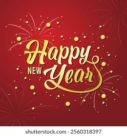 Vector image template for Happy New Year calligraphy text in gold with fireworks ornaments and red background