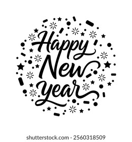 Vector image template of Happy New Year calligraphy text on a transparent white background