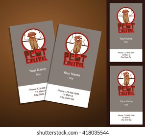 Vector image of templates of two gray business cards with cartoon image of funny brown cockroaches with different emotions and with the inscription "Pest Control" on a brown background. Vector cards.