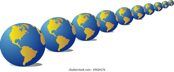 vector image ten globes of the blue color with mainlands, situated abreast
