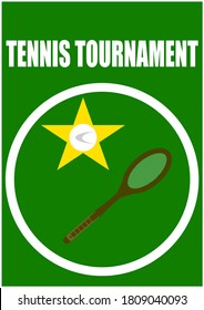 Vector image of a tennis tournament poster. Racket and ball for playing on the tennis court. Racket and ball on a green grassy court. Poster. Template with place for text. Booklet. Bigboard.