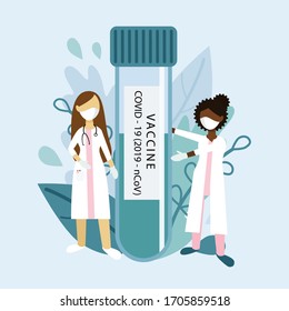 Vector image of a test tube with a coronavirus vaccine. Two doctors in protective medical masks are holding a test tube. Simple leaves complement the illustration.