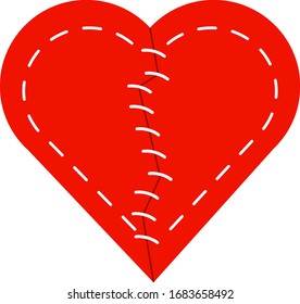 Vector image of textile red heart with white stitching, torn in half and stitched