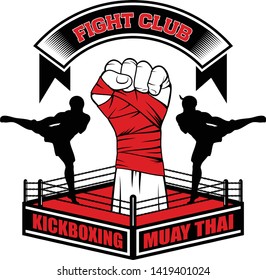 Vector image of the Thai boxer, boxing bag and ring. Fighter hand. High kick. Inscription - Fight club, Boxing, Muay Thai, Kickboxing. Illustrations for t shirt print. 