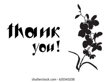 Vector image of thank you, white and black color, an Orchid branch in the background